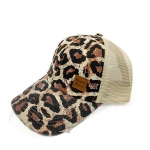 Rodeo Drive Leopard Print Ponytail Criss Cross Trucker‎ Hat, Brown